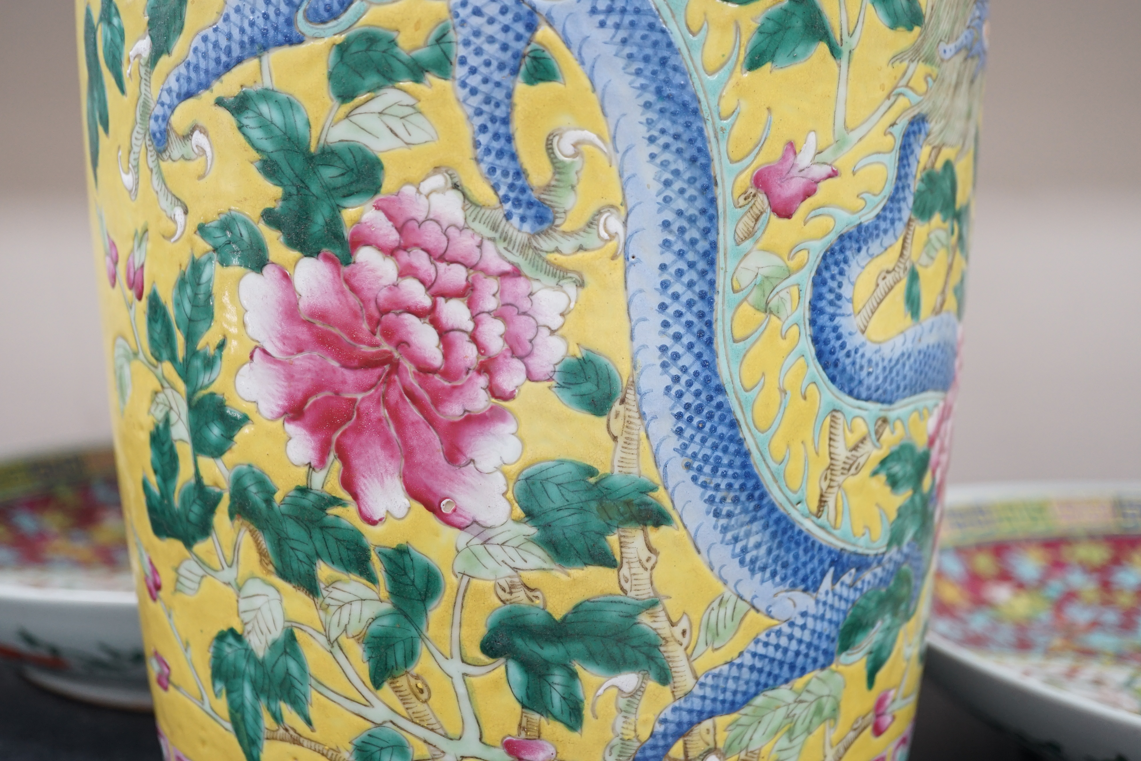 A tall Chinese Straits yellow ground ‘dragon’ vase, 19th century, rim chips